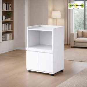 [MD] 모던 화이트 전자렌지 수납장 고급 오픈형 하부 양문 캐비닛 식기건조기 에어프라이기 다이 슬라이딩선반 탕비장 